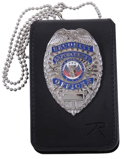 police leather badge with business card holder and chain|stainless steel chain to hold badge.